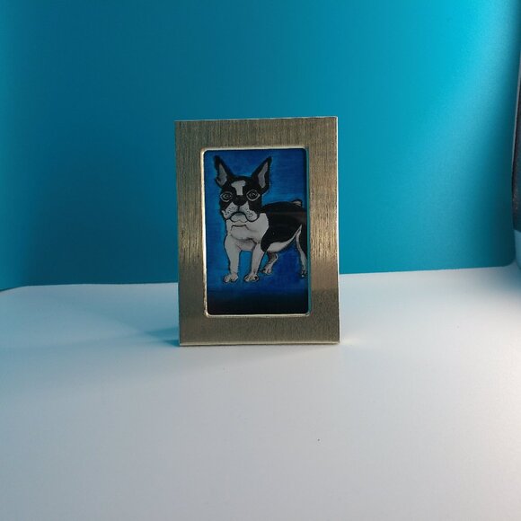 Mini dog Boston Terrier 2"x3" within a new silver color metal Frame - Picture 5 of 6